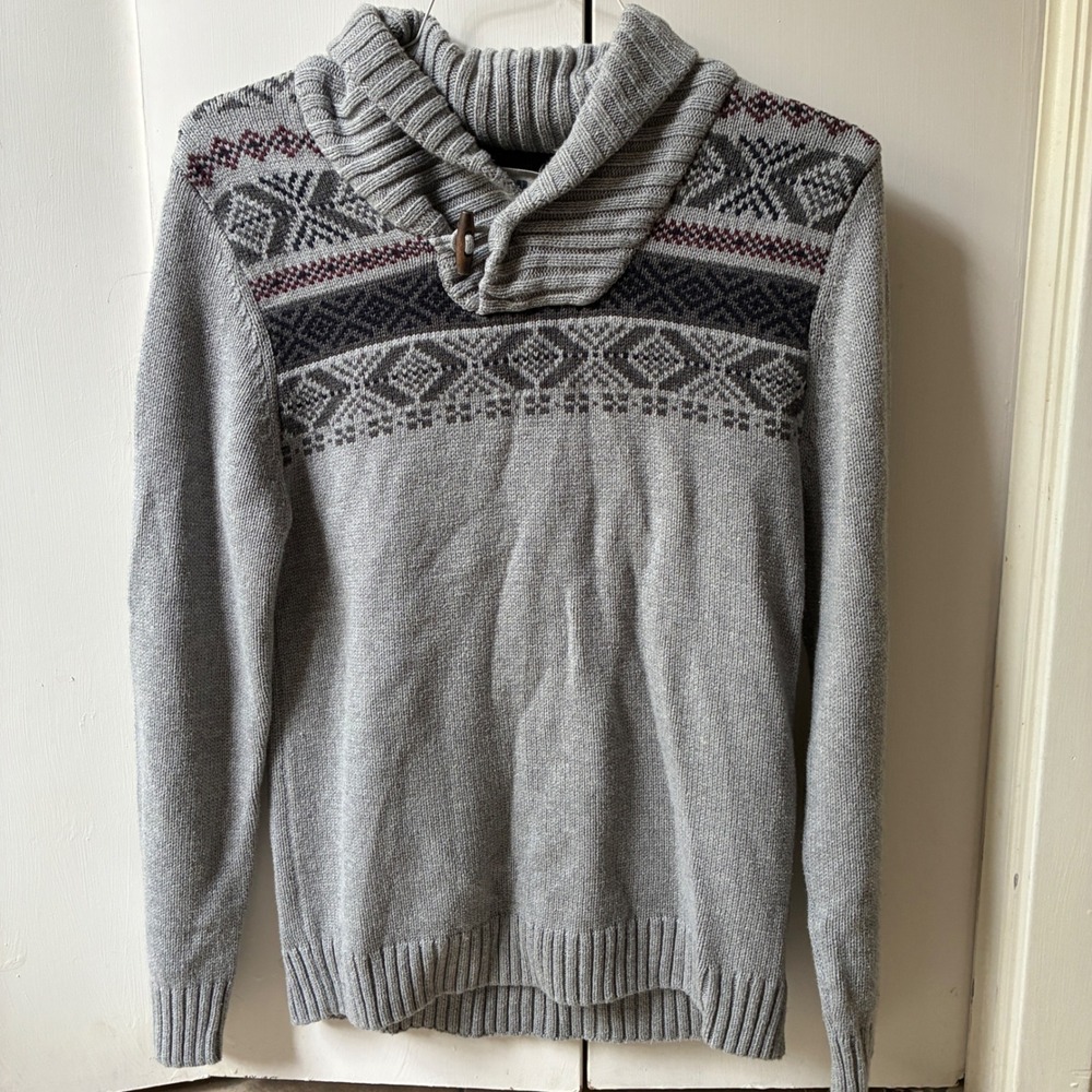 Vtg Fair Isle Shawl Collar Sweater Cotton Bl. Men Size M Gray Nordic Gorpcore
